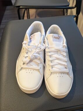 Puma White Leather Sneakers with Gold Logo Accents